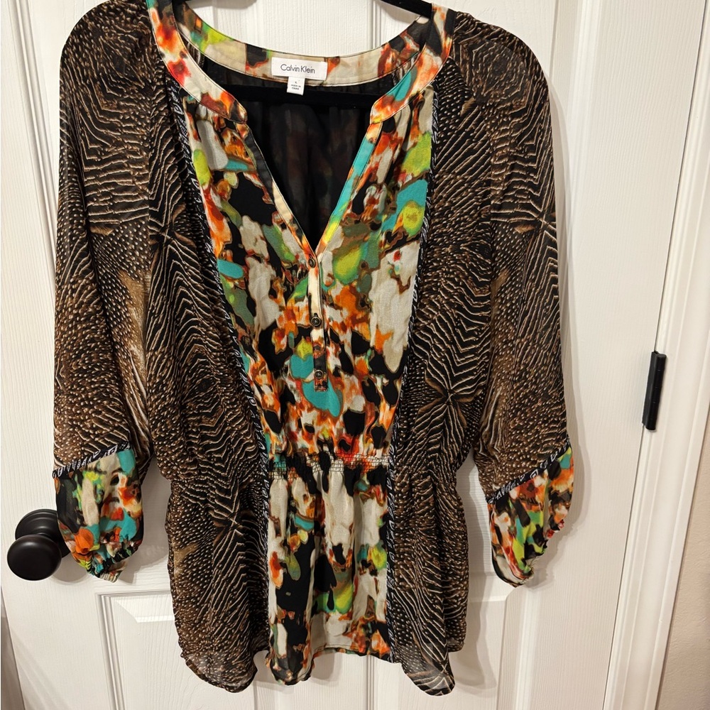 Calvin Klein Mixed Print Boho Peasant Blouse – Flowy Lightweight Top Size L”